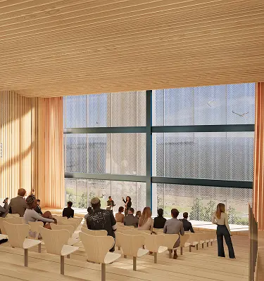 Crowd and speakers at a lecture hall